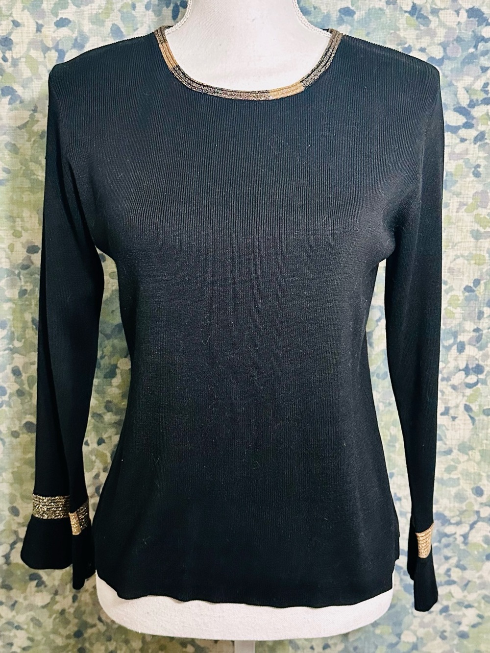 Joseph A. Black Silk Blend Knit Sweater Gold Metallic Trim Bell Cuff Top Large